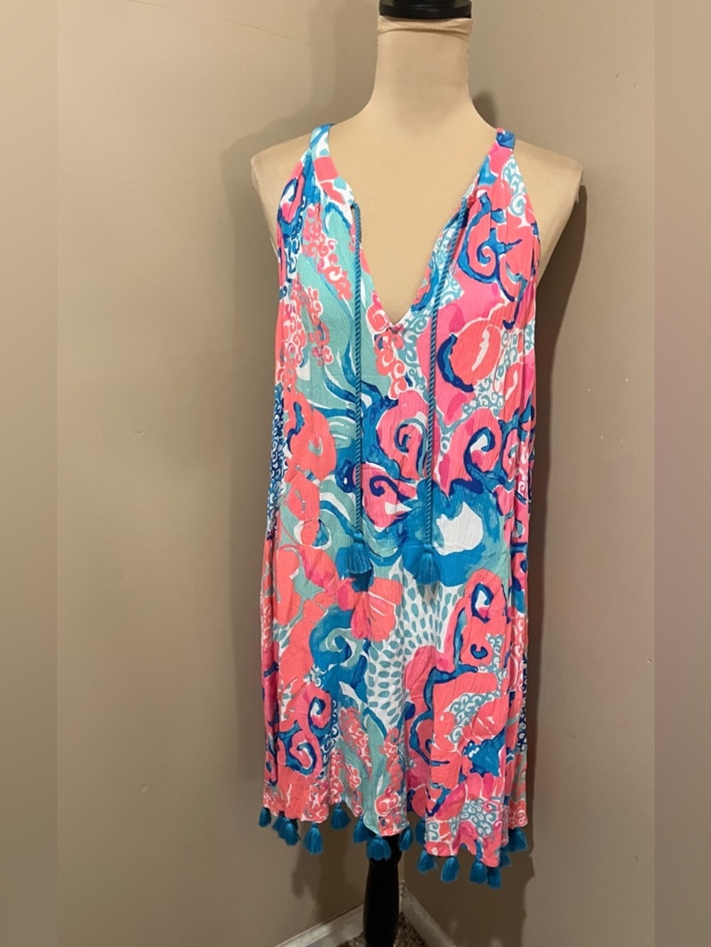 Lilly Pulitzer Roxy Coral & Aqua Mini Deep V Summer Dress, tassels, medium